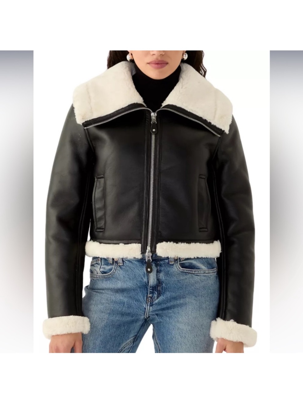 Jason Wu Black Bomber Jacket with White Faux-Shearling Trim XS